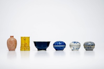 Three small Chinese blue and white boxes, two bowls and two small monochrome vases, Ming and later