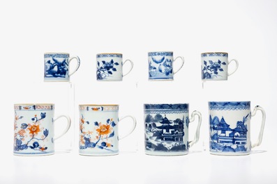 Four pairs of Chinese blue and white and Imari style mugs, Qianlong