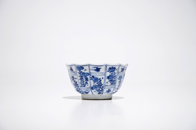 Five Chinese blue and white cups and saucers, Kangxi