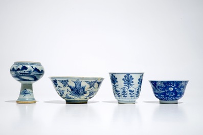 Various Chinese blue and white bowls and a cup and saucer, Ming, Kangxi and Qianlong