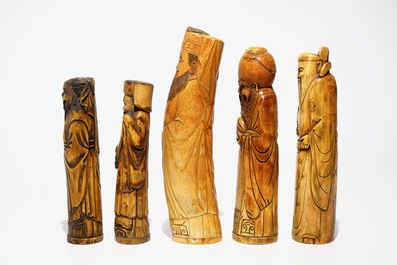 Cinq figures d'immortels en ivoire sculpt&eacute;, Chine, 19/20&egrave;me