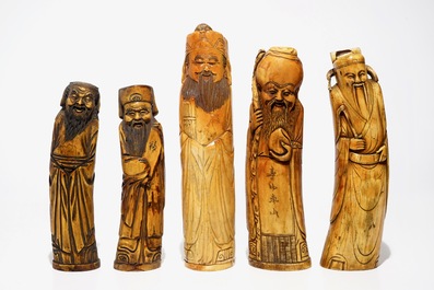Five Chinese ivory models of immortals, 19/20th C.