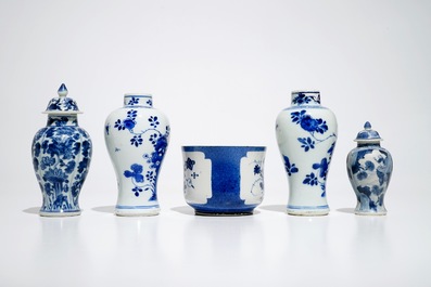 Four Chinese blue and white vases and a powder blue bowl, Kangxi