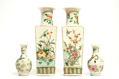 A pair of Chinese square famille verte vases and a pair of famille rose crackle-ground vases, 19/20th C.