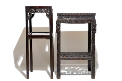 Two Chinese carved wood stands and a low table, 19th C.