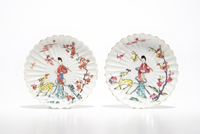 A pair of Chinese lobed famille rose cups and saucers with Magu, Yongzheng