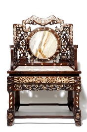 A Chinese Peranakan or Nyonya mother of pearl and marble inset hongmu chair, 19th C.