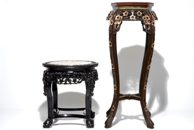 Two Chinese carved wood stands with marble tops, 19/20th C.