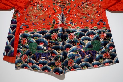 A Chinese embroidered red silk robe, Qing