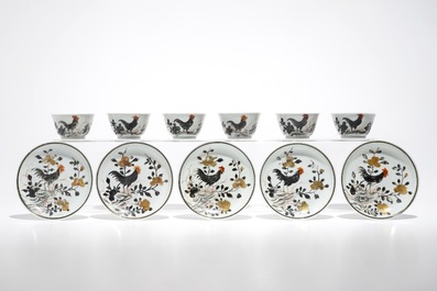 Six Chinese grisaille cups and five saucers with rooster design, Yongzheng/Qianlong