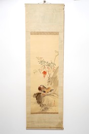Une peinture rouleau sur soie figurant un canard mandarin, sign&eacute;, Chine, 19/20&egrave;me
