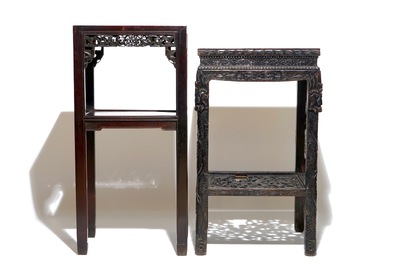 Two Chinese carved wood stands and a low table, 19th C.