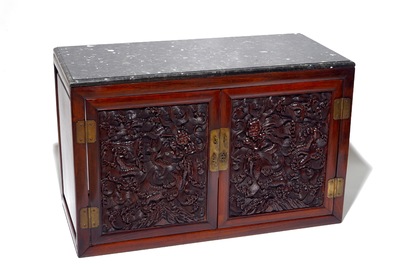 A Chinese two doors cabinet in hongmu and huanghuali with zitan dragon panels, 18/19th C.