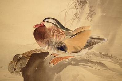 A Chinese silk scroll painting of a mandarin duck, signed, 19/20th C.