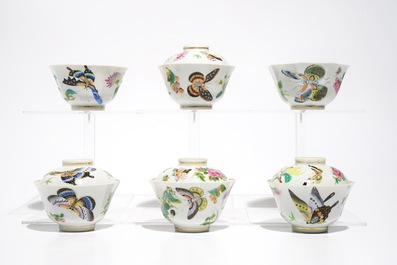 Six Chinese Canton famille rose cups and saucers with four covers, 19th C.