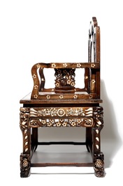 A Chinese Peranakan or Nyonya mother of pearl and marble inset hongmu chair, 19th C.
