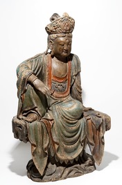 Een grote Chinese polychrome houten Boeddha, 19e eeuw