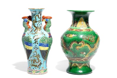 A Chinese Dayazhai-style vase with phoenix handles and a green-glazed dragon vase, 19/20th C.
