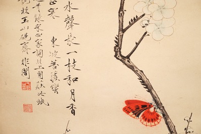 Een Chinese rolschildering op papier met vlinders en bloesems, gesign. Yu Fei'an (1888-1959)