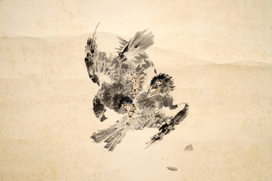 A Chinese paper scroll painting of birds above a branch, signed, 19/20th C.