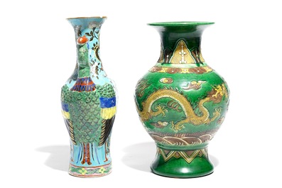 A Chinese Dayazhai-style vase with phoenix handles and a green-glazed dragon vase, 19/20th C.