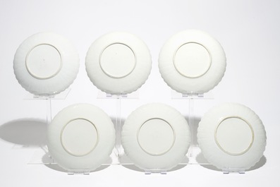 Six Chinese famille rose plates with L&ouml;westoft design, Qianlong