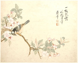 Two framed Chinese paintings of a landscape and a bird on branch, 18/19th C.