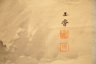 Une peinture rouleau sur soie figurant un canard mandarin, sign&eacute;, Chine, 19/20&egrave;me