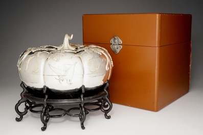 A fine large Chinese silver pumpkin-shaped condiments box and cover, Qing Yun, Tientsin, 18/19th C.