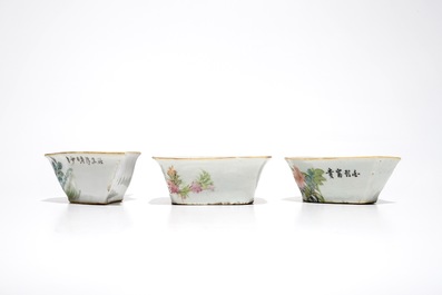 A Chinese qianjiang cai sweetmeat or rice table set with birds among flowers, 19th C.