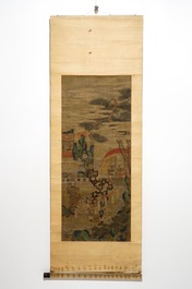 Een gesigneerde Chinese rolschildering op zijde met een tuinsc&egrave;ne, 18/19e eeuw
