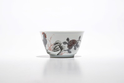 Six Chinese grisaille cups and five saucers with rooster design, Yongzheng/Qianlong