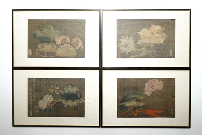A set of four Chinese paintings of antiquities and flowers, framed, 19th C.