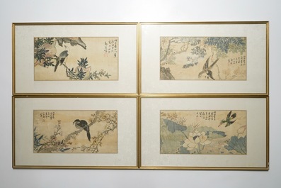 Quatre aquarelles aux oiseaux parmi branches avec de le calligraphie, encadr&eacute;es, Chine, 19&egrave;me