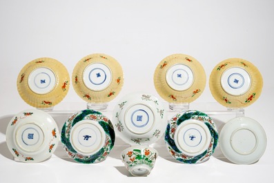 A Chinese famille verte cup and saucer and eight saucers, Kangxi