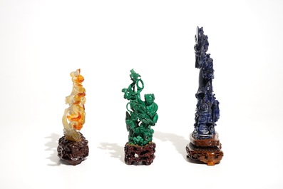 Three Chinese lapis lazuli, agate and malachite figures on stands, 20th C.