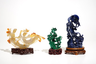 Three Chinese lapis lazuli, agate and malachite figures on stands, 20th C.