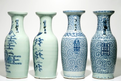 Two pairs of Chinese blue and white vases, one on celadon-ground, 19th C.