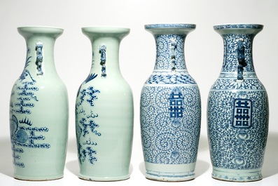 Two pairs of Chinese blue and white vases, one on celadon-ground, 19th C.