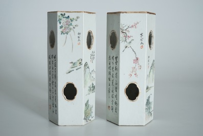 A pair of Chinese reticulated hexagonal qianjiang cai hat stands, 19/20th C.