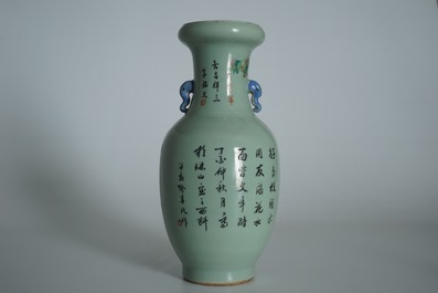 A Chinese celadon-ground qianjiang cai vase with elephant handles, 19/20th C.