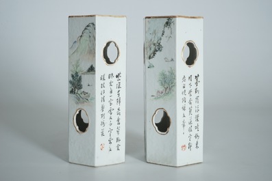Une paire de porte-chapeaux hexagonaux en porcelaine de Chine qianjiang cai, 19/20&egrave;me