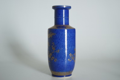 A Chinese powder blue and gilt rouleau vase, 19th C.
