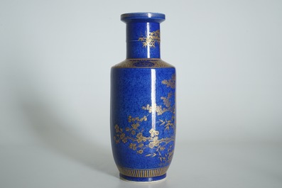 A Chinese powder blue and gilt rouleau vase, 19th C.