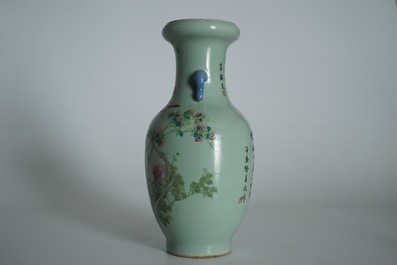 A Chinese celadon-ground qianjiang cai vase with elephant handles, 19/20th C.