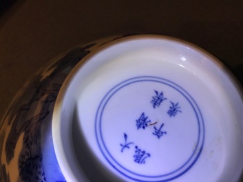 Een Chinese blauwwitte conische kom met &quot;Zeven Wijzen van het Bamboebos&quot;, Kangxi merk en periode