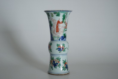 A Chinese wucai gu vase with figures, Shunzhi, Transitional period