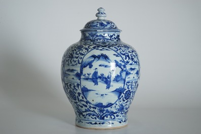 A large Chinese blue and white baluster vase and cover with figural medallions, Wanli