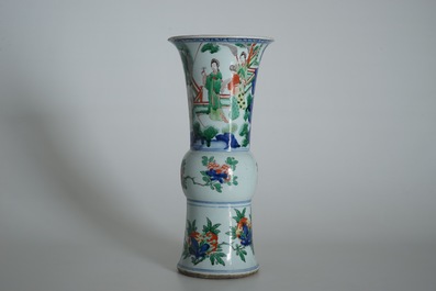 A Chinese wucai gu vase with figures, Shunzhi, Transitional period