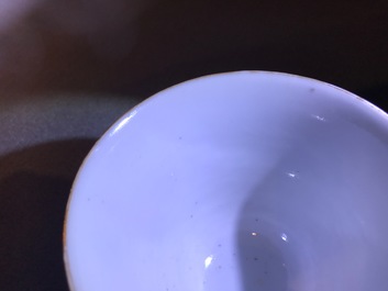 Three Chinese famille rose Wu Shuang Pu cups and saucers , 19th C.